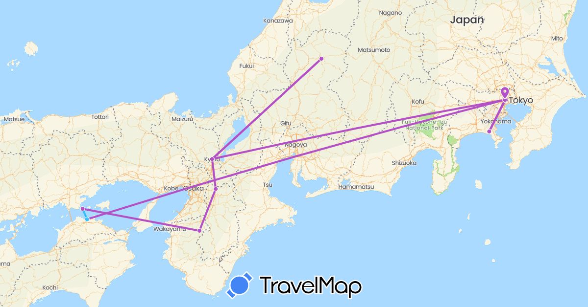 TravelMap itinerary: train, boat in Japan (Asia)
